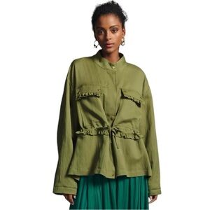 Anthropologie Olive Ruffle Pocket Utility Military Jacket